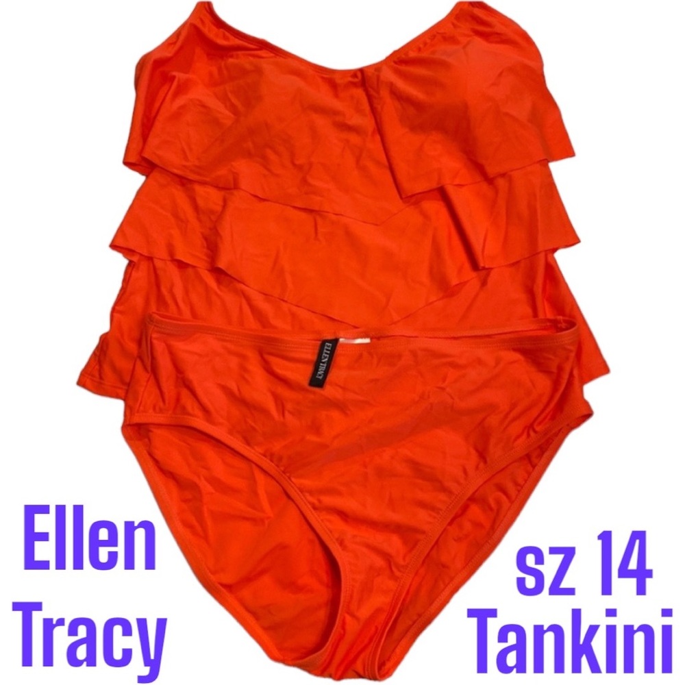 Sz 14 2pc Ellen Tracy Bikini Top Bottom plus size pads waterfall ruffled orange